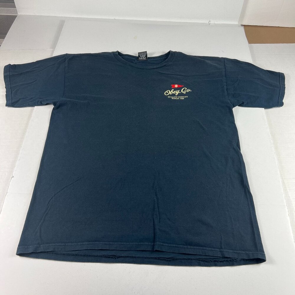 OBEY Quality Dissent Shirt Adult Large Blue Faded Graphic Print Short Sleeve Tee